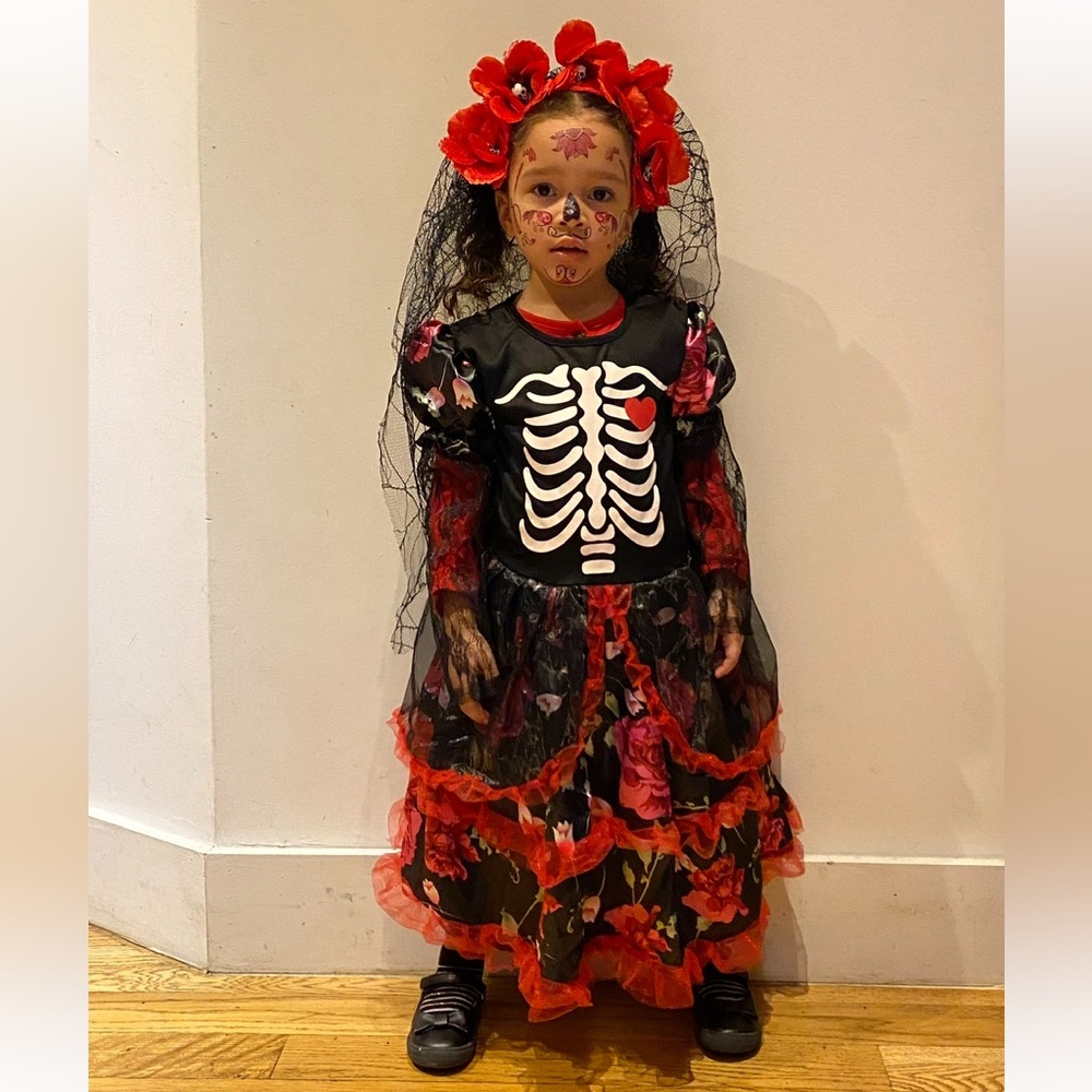Kids Día de los muertos Skeleton Floral Costume with Red Accents